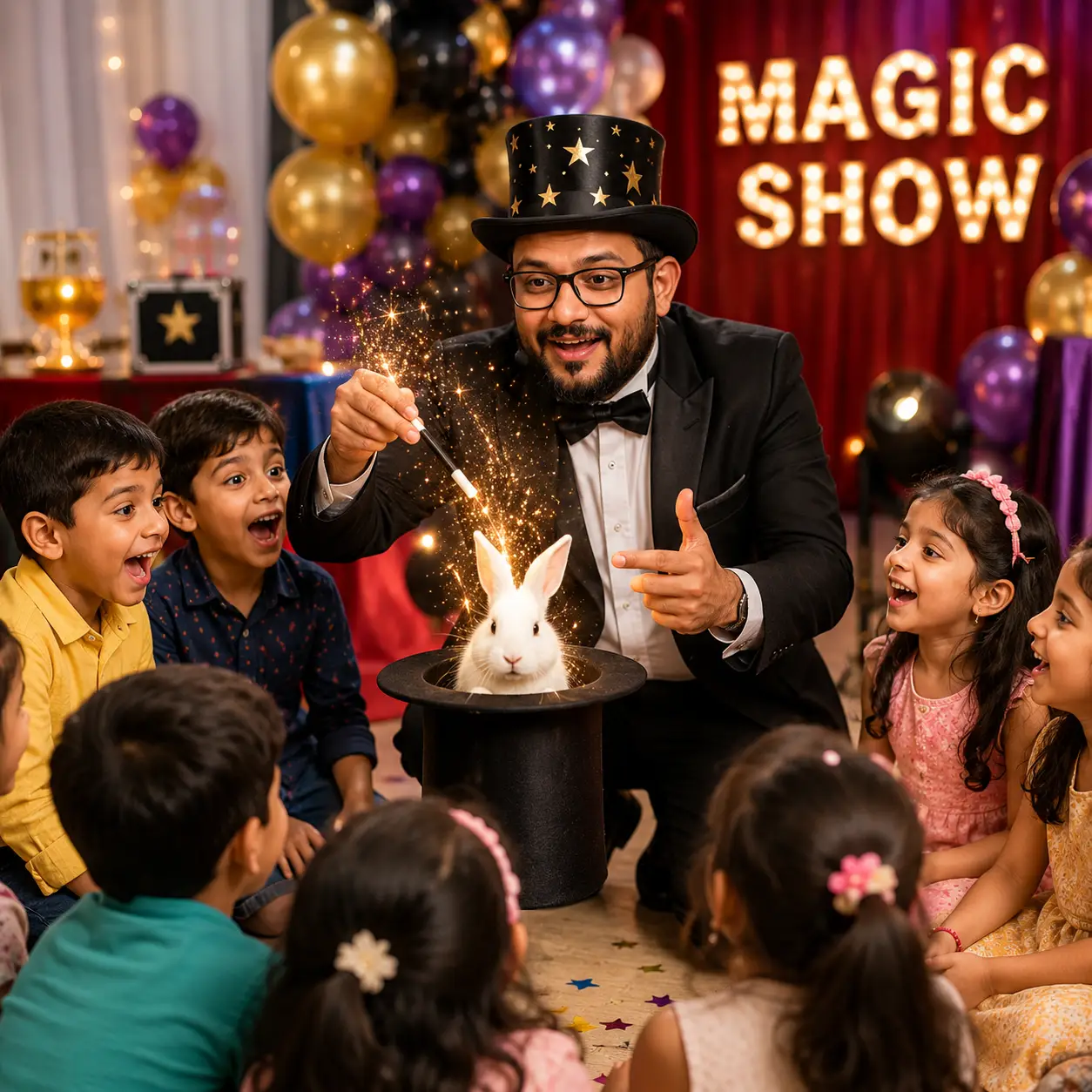 Professional magician performing magic show for kids